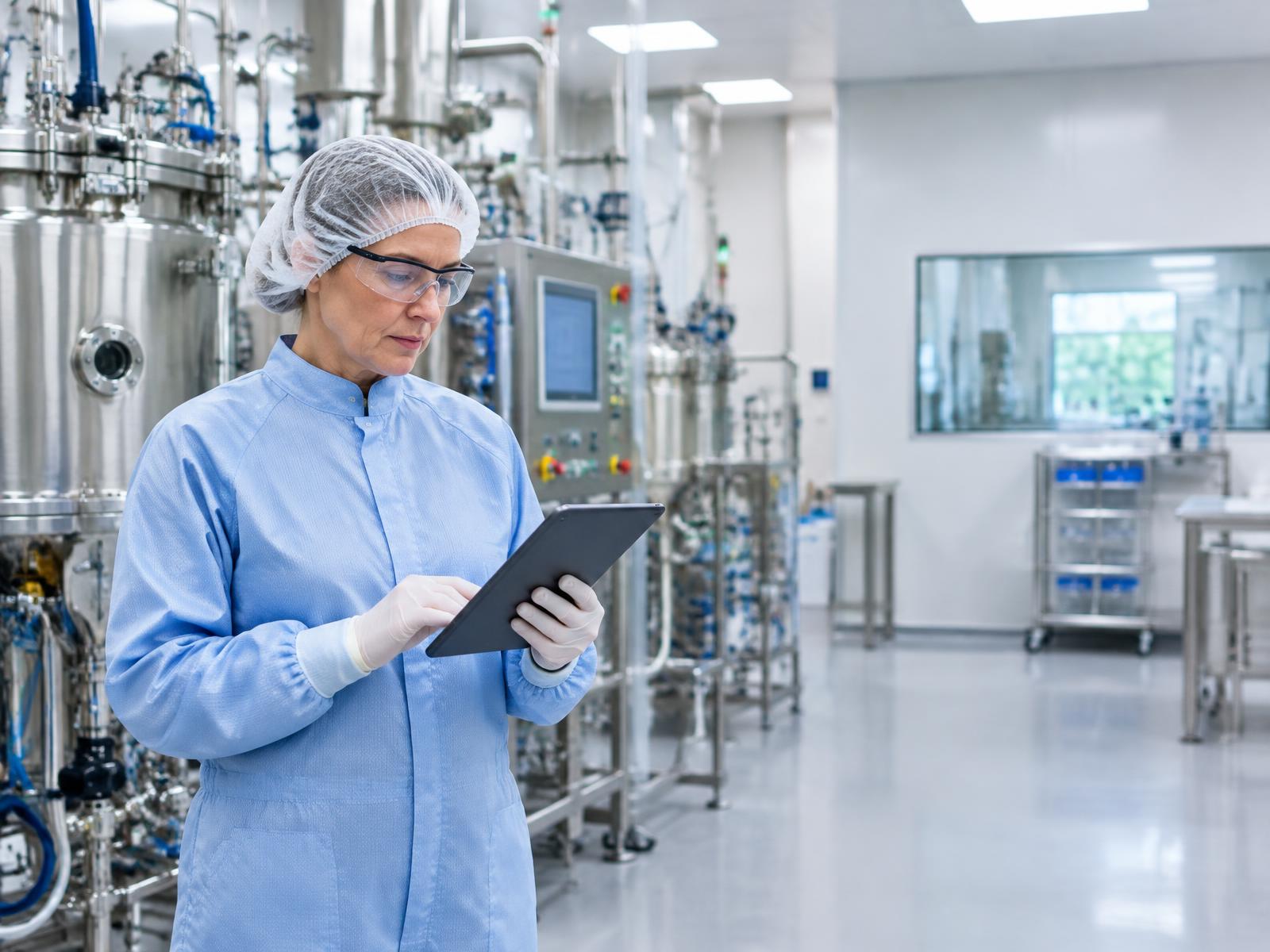 Pharmaceutical quality professional reviewing manufacturing information in a GMP facility